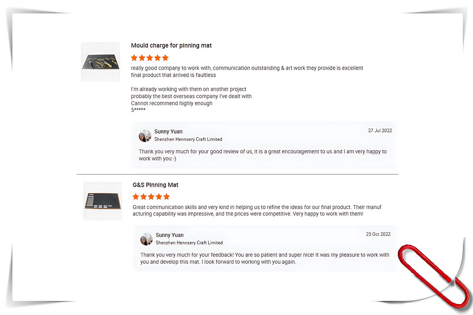 Testimonials from pinning mats customers