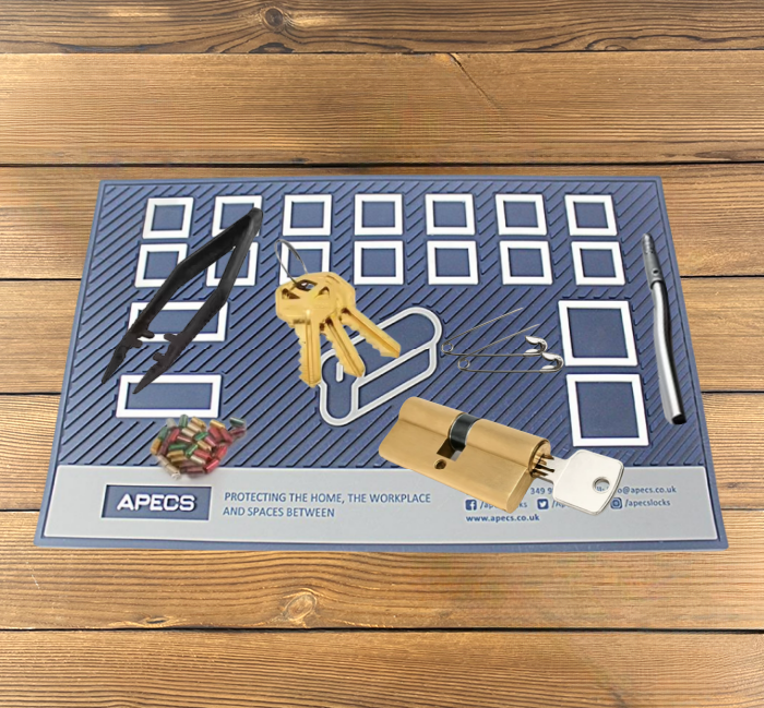 blue key mat on the workbench