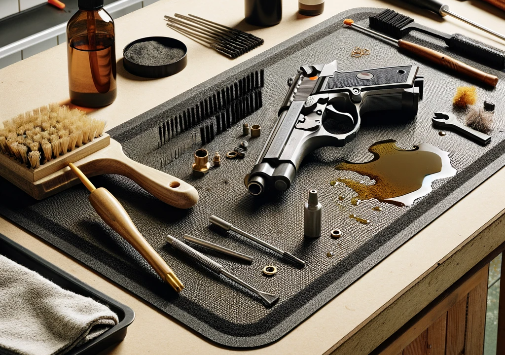 organized workbench with a disassembled gun being cleaned