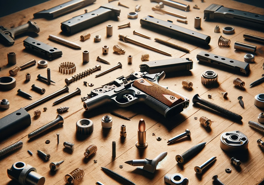 table with very few gun parts and screws arranged in a random disorganized manner