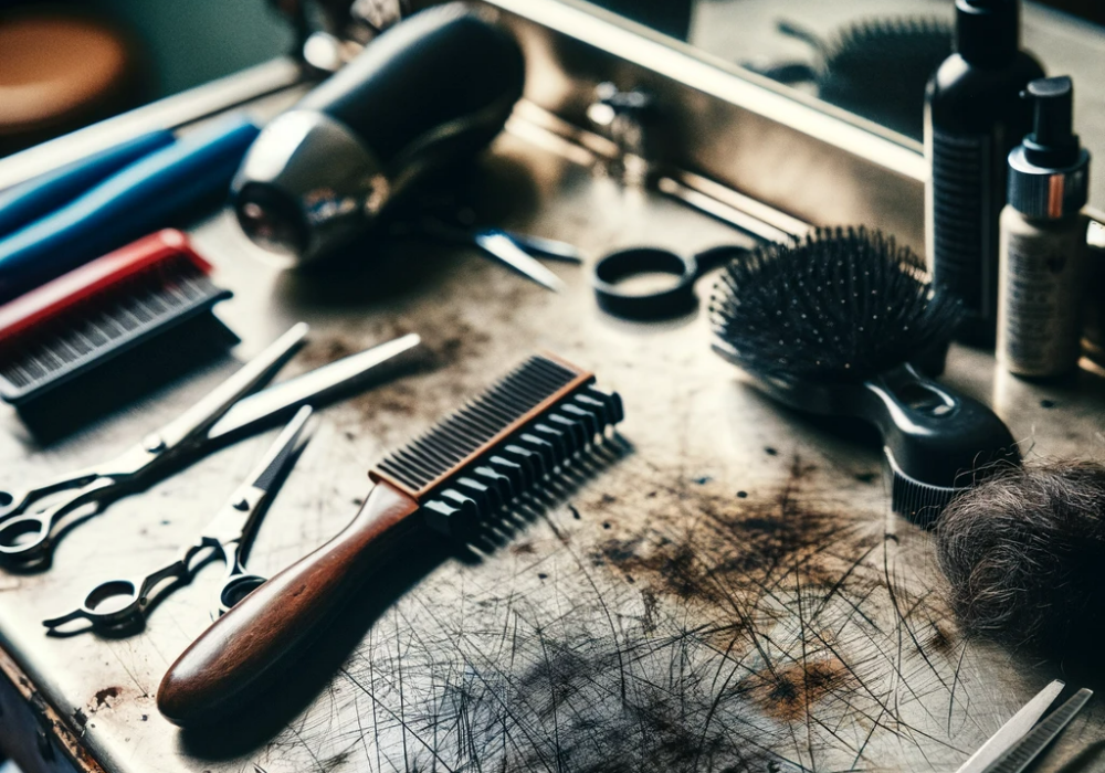 barbers workstation with a scratched tabletop surface