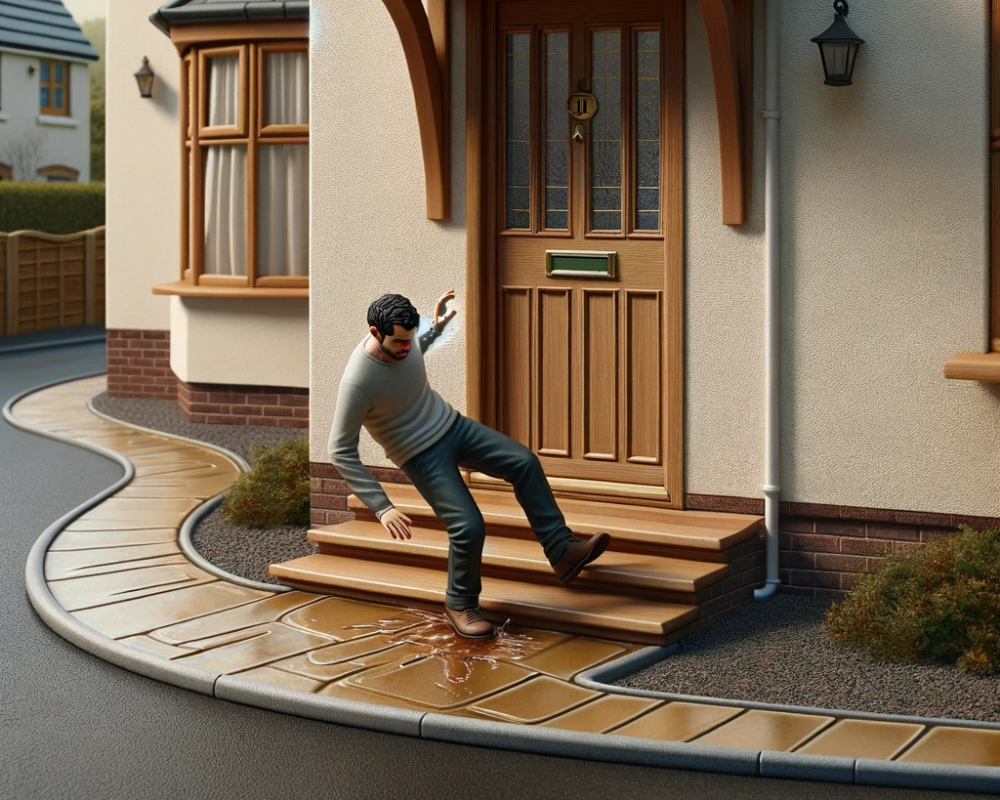 slipped and is slightly off balance at the front door of a house